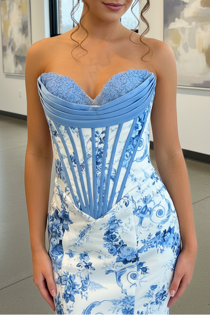 Mermaid Strapless Sleeveless Pleated Appliques Flower Printer Prom Dress