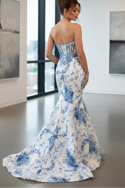 Mermaid Strapless Sleeveless Pleated Appliques Flower Printer Prom Dress