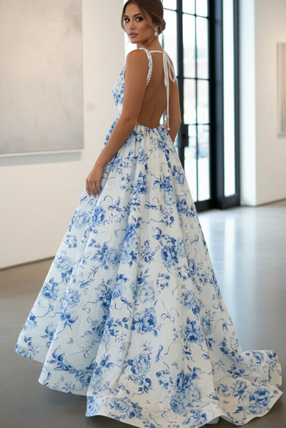 A-Line Square Straps Sleeveless Beaded Open Back Flower Printer Prom Dress