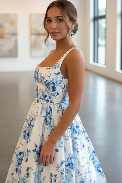 A-Line Square Straps Sleeveless Beaded Open Back Flower Printer Prom Dress