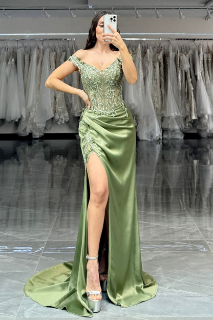 Sheath Off Shoulder Beaded Appliques High Side Slit and Train Prom Dress