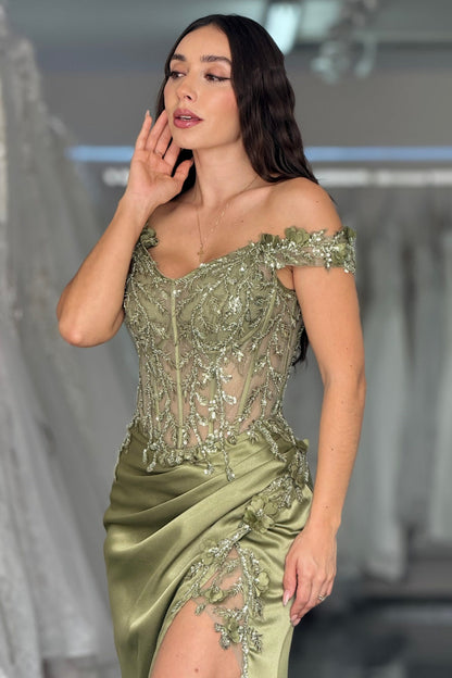 Sheath Off Shoulder Beaded Appliques High Side Slit and Train Prom Dress