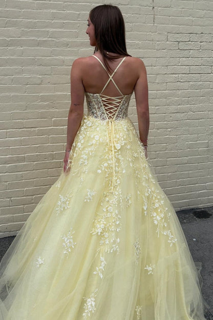 A-Line Strapless Halter Sleeveless Pleated Appliques Yellow Tulle Prom Dress