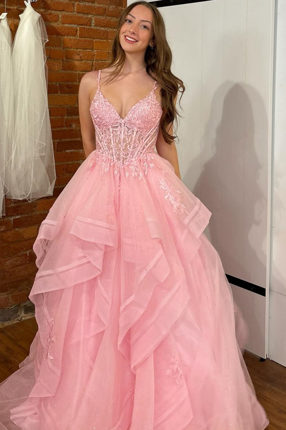A-Line V Neck Spaghetti Straps Sleeveless Pleated Ruffles Appliques Prom Dress