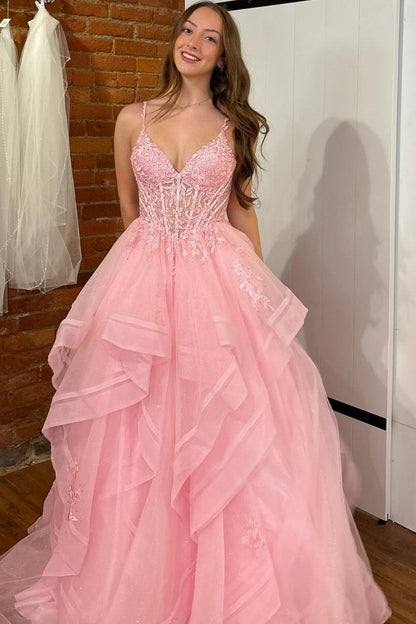 A-Line V Neck Spaghetti Straps Sleeveless Pleated Ruffles Appliques Prom Dress