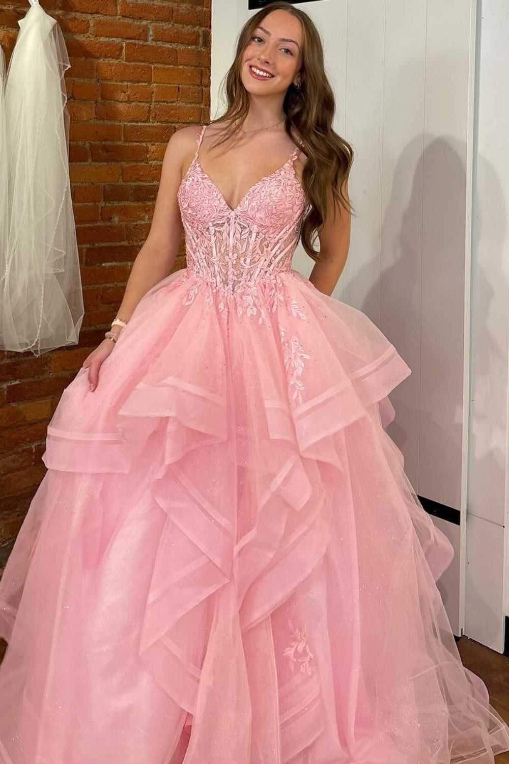 A-Line V Neck Spaghetti Straps Sleeveless Pleated Ruffles Appliques Prom Dress