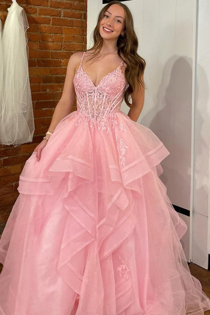 A-Line V Neck Spaghetti Straps Sleeveless Pleated Ruffles Appliques Prom Dress