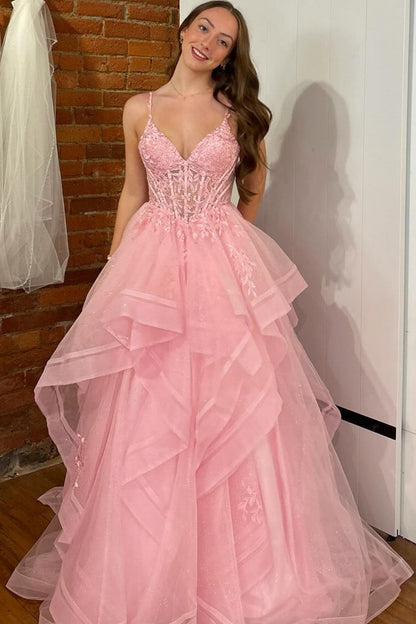 A-Line V Neck Spaghetti Straps Sleeveless Pleated Ruffles Appliques Prom Dress