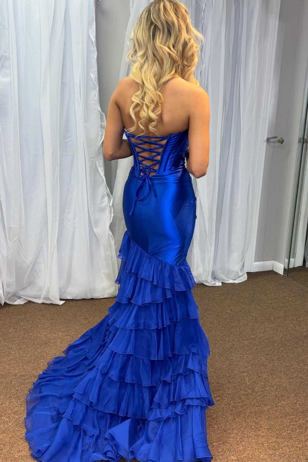 Mermaid Strapless Ruffles Tiered High Side Slit and Train Prom Dress