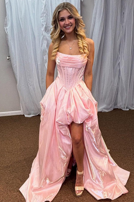 A-Line Boat Neck High Side Slit and Train Flower Bud Prom Dress