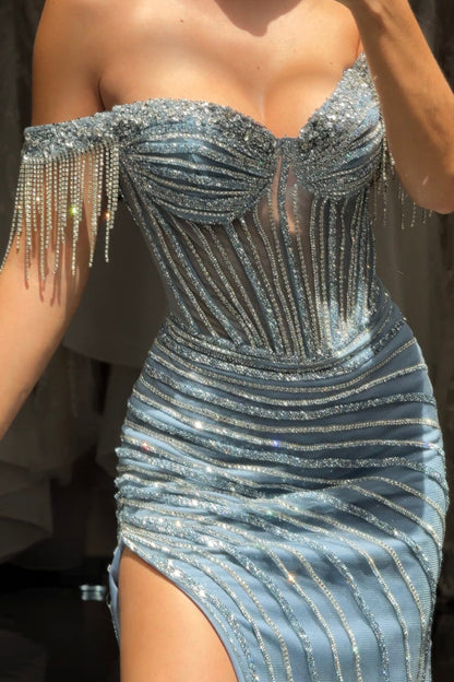 Sheath Off Shoulder Crystal Beaded High Side Slit and Train Prom Dress