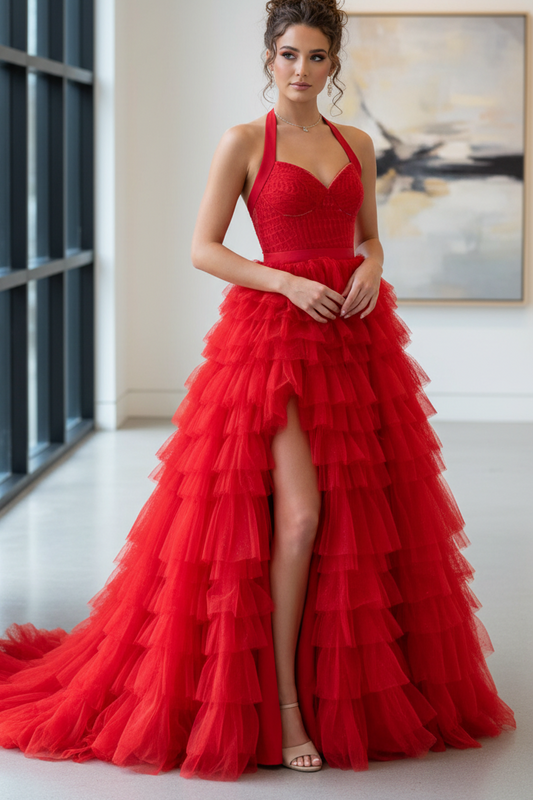 A-Line Halter Strapless Ruffles Tiered High Side Slit and Train Prom Dress