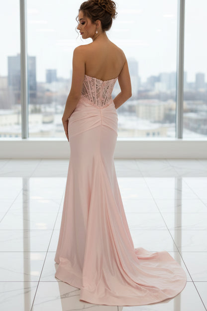 Sheath Strapless Sleeveless Pleated Appliques High Side Slit and Train Prom Dress
