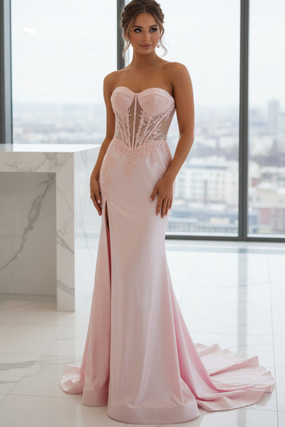 Sheath Strapless Sleeveless Pleated Appliques High Side Slit and Train Prom Dress