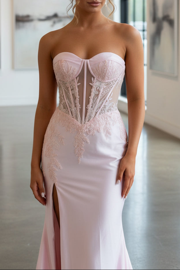 Sheath Strapless Sleeveless Pleated Appliques High Side Slit and Train Prom Dress
