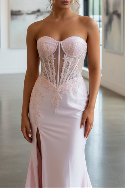 Sheath Strapless Sleeveless Pleated Appliques High Side Slit and Train Prom Dress