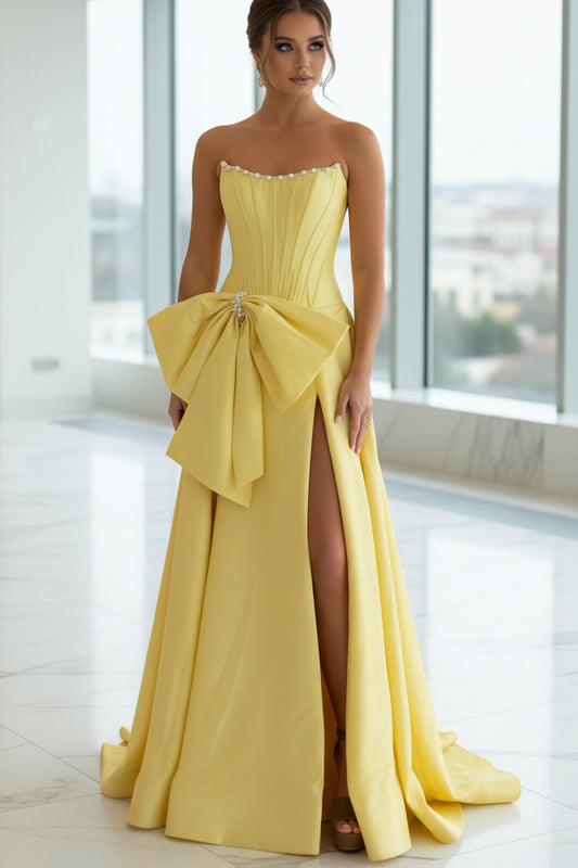 A-Line Boat Neck Bow Knot High Side Slit and Train Prom Dress