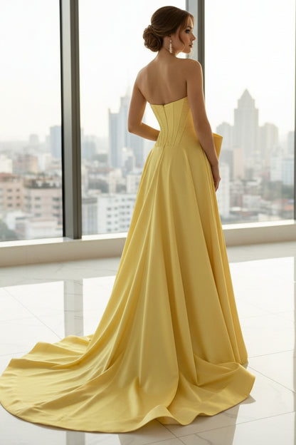 A-Line Boat Neck Bow Knot High Side Slit and Train Prom Dress