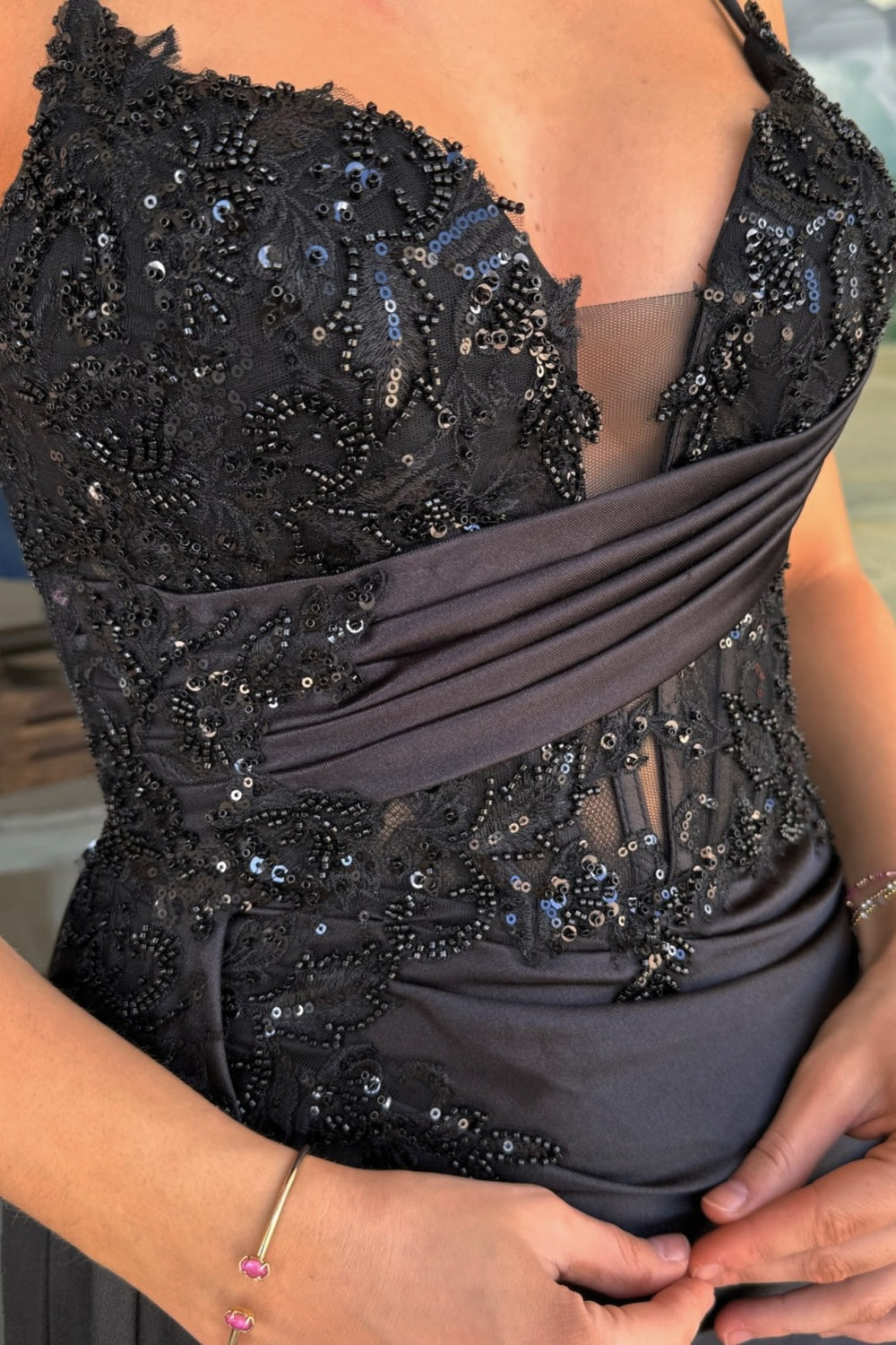 Sheath Sweetheart Spahetti Straps Sequins Appliques High Side Slit and Train Prom Dress