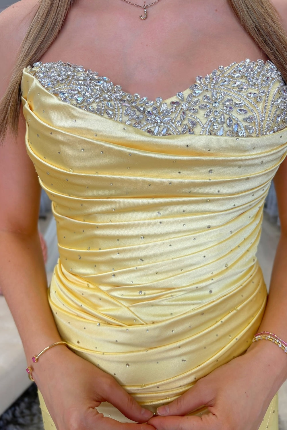 Sheath Strapless Sleeveless Pleated Beaded High Side Slit and Train Prom Dress