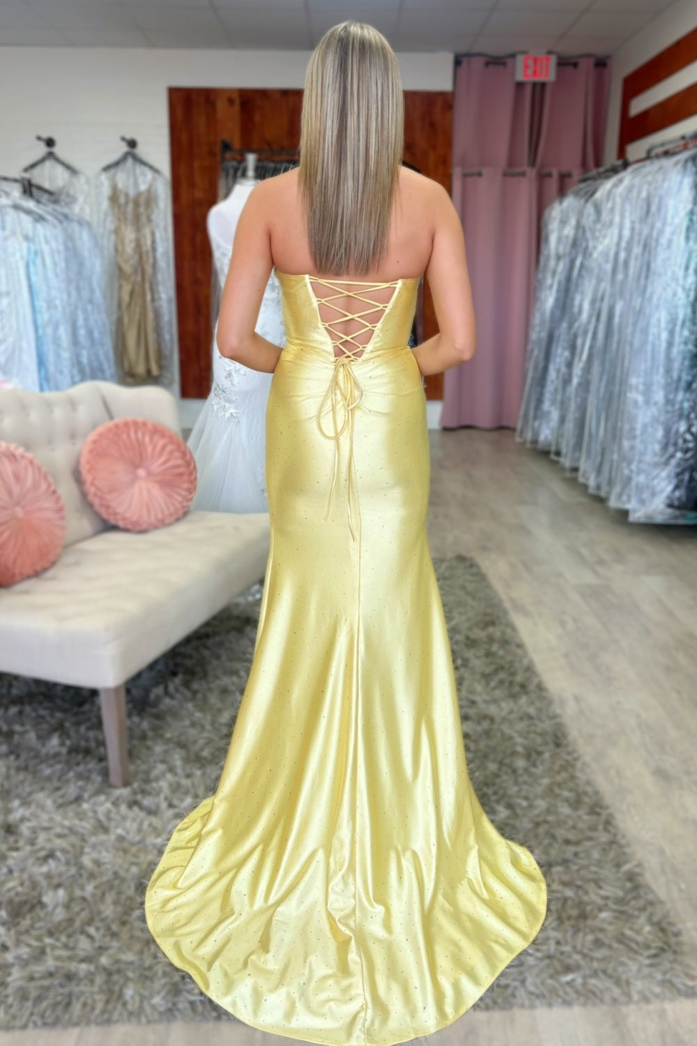 Sheath Strapless Sleeveless Pleated Beaded High Side Slit and Train Prom Dress