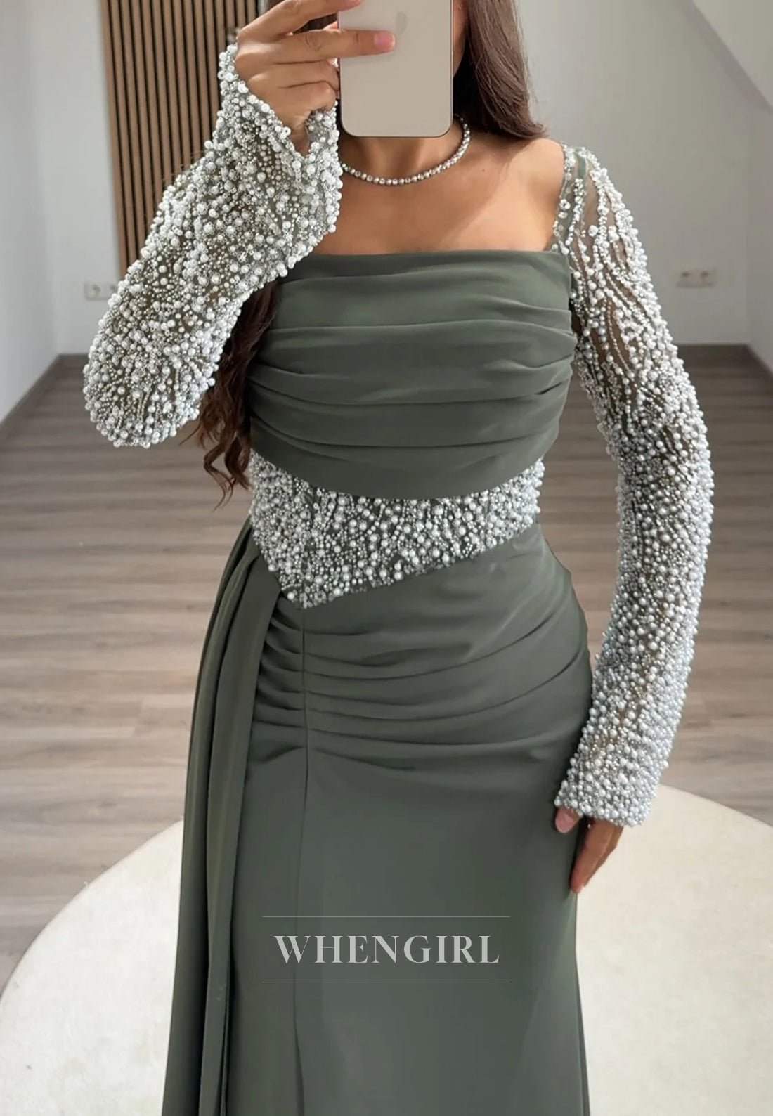 Square Neck Sheath Long Sleeves Pleated Beaded Evening Formal Dress