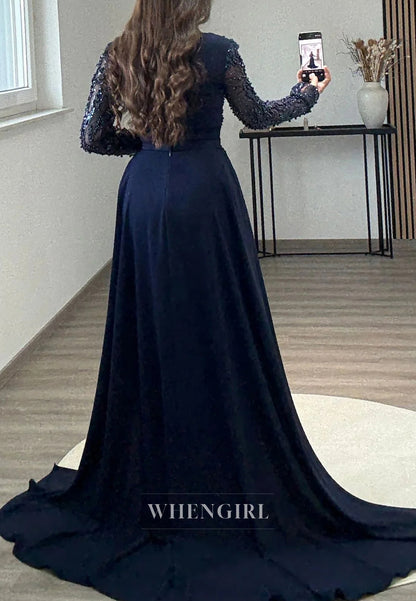 Navy Square Neck Long Sleeves Beaded Sheath Sweep Train Formal Evening Dress