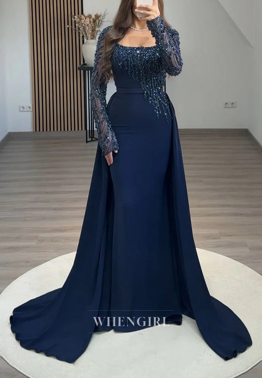 Navy Square Neck Long Sleeves Beaded Sheath Sweep Train Formal Evening Dress