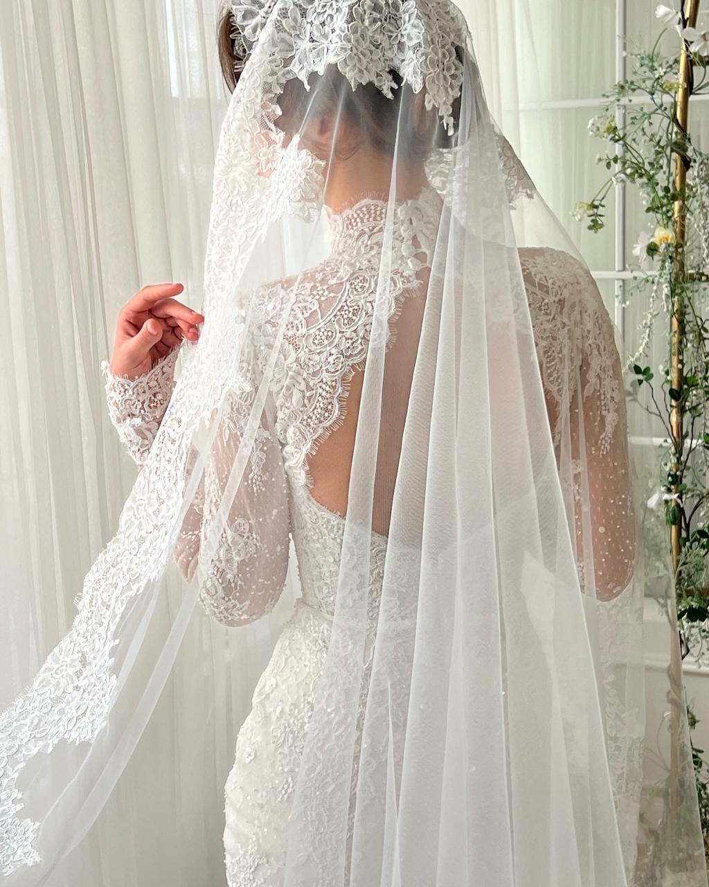 High Neck Long Sleeves Mermaid Lace Sweep Train  Bridal Dress