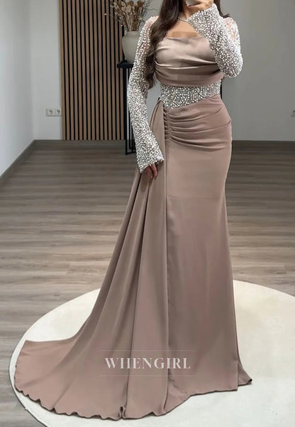 Square Neck Sheath Long Sleeves Pleated Beaded Evening Formal Dress