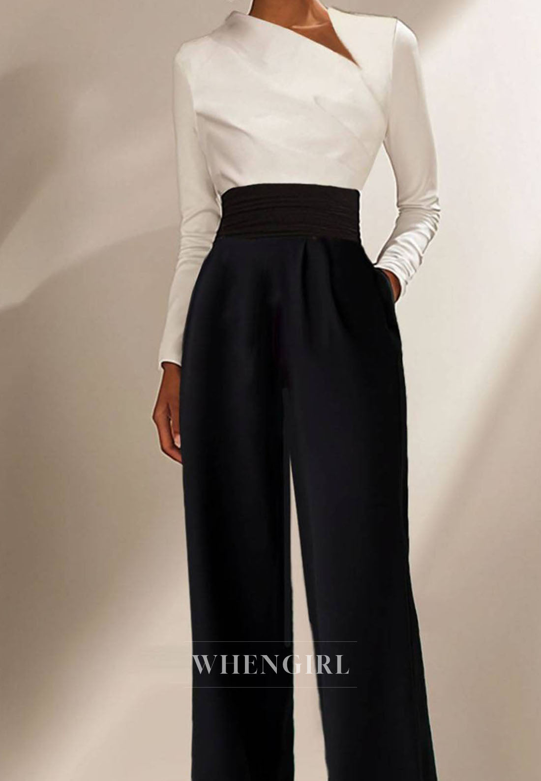 Causal Work Business Jumpsuit Empire Waist Satin Wide-Leg Black Jumpsuit