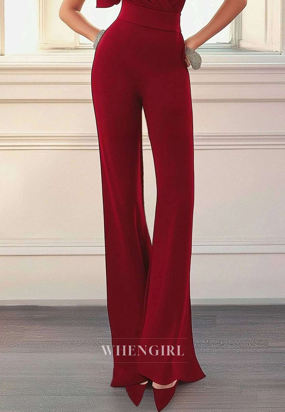 Work Sleek Red Jumpsuit V-Neck Short Sleeves Sheath Long Formal Jumpsuit
