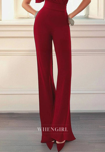 Work Sleek Red Jumpsuit V-Neck Short Sleeves Sheath Long Formal Jumpsuit