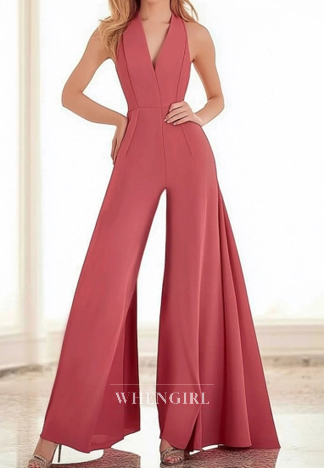 Dusty Rose Halter V-Neck Sleeveless Satin Work Jumpsuit Casual Pantsui WhenGirl Dusty Rose Halter V-Neck Sleeveless Satin Work Jumpsuit Casual Pantsui WhenGirl