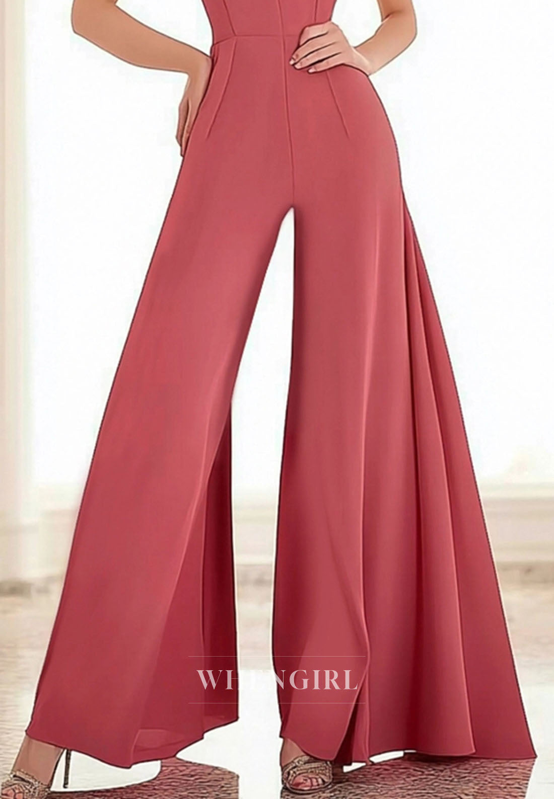 Dusty Rose Halter V-Neck Sleeveless Satin Work Jumpsuit Casual Pantsuit