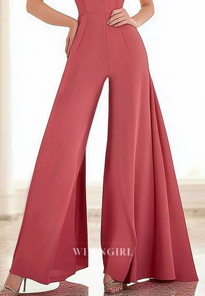 Dusty Rose Halter V-Neck Sleeveless Satin Work Jumpsuit Casual Pantsuit