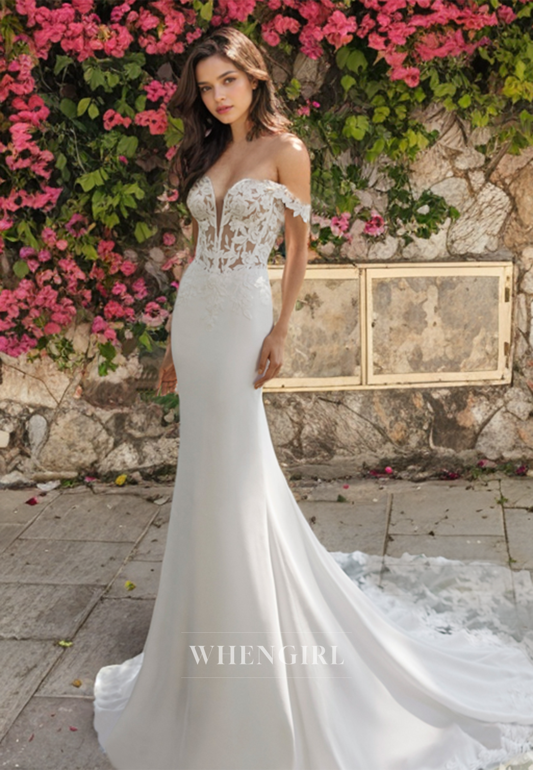 Off-Shoulder Sweetheart Sleeveless Mermaid Wedding Dress Sweep Train Satin Bridal Gowns with Appliques