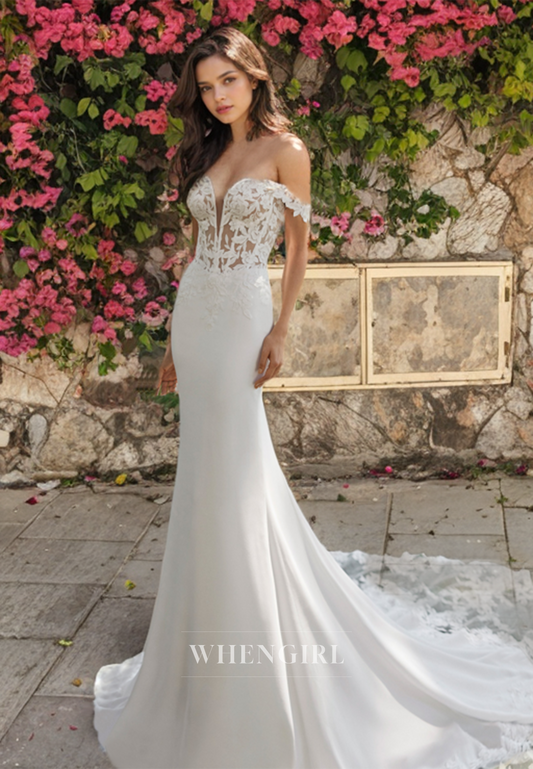 Off-Shoulder Sweetheart Sleeveless Mermaid Wedding Dress Sweep Train Satin Bridal Gowns with Appliques