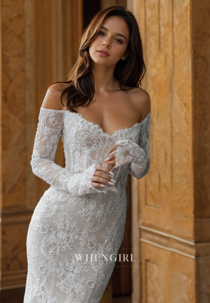 Sweetheart Sheath Wedding Dress Long Sleeves Lace Bridal Gowns with Sequins Appliques