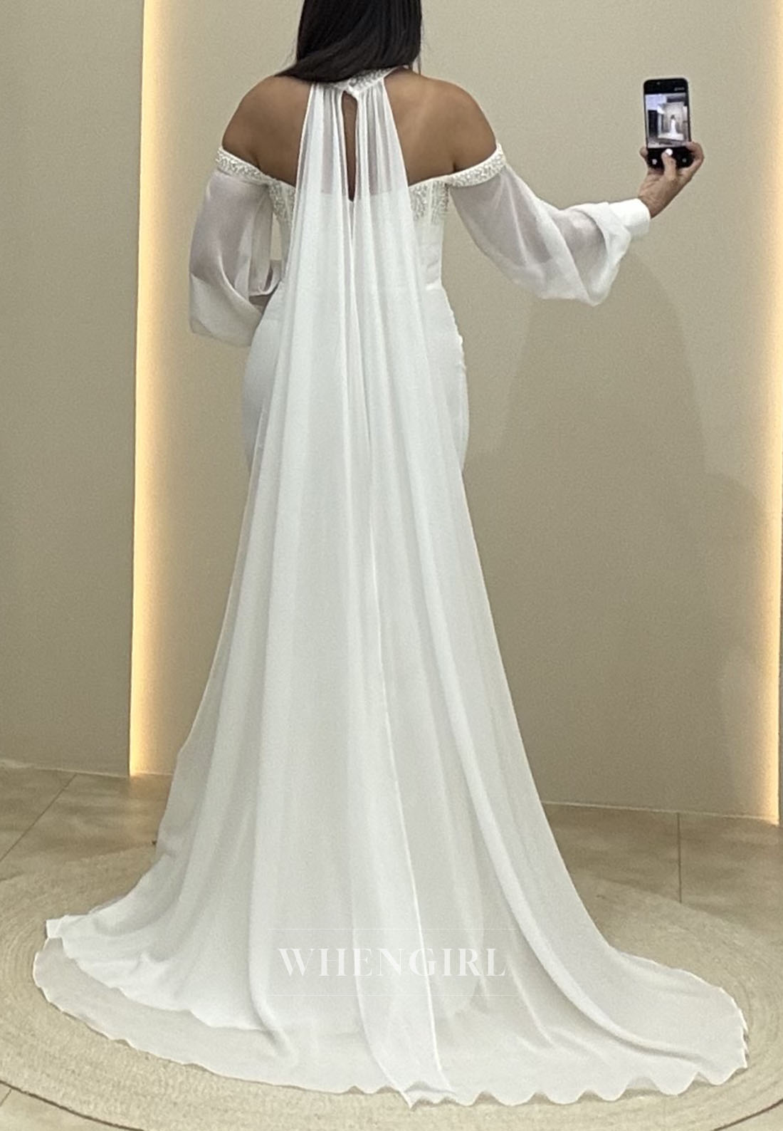 Ivory Mermaid Long Sleeves Off Shoulder Pleated Sweep Train Evening Formal Dress