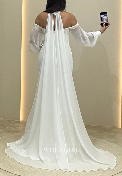 Ivory Mermaid Long Sleeves Off Shoulder Pleated Sweep Train Evening Formal Dress