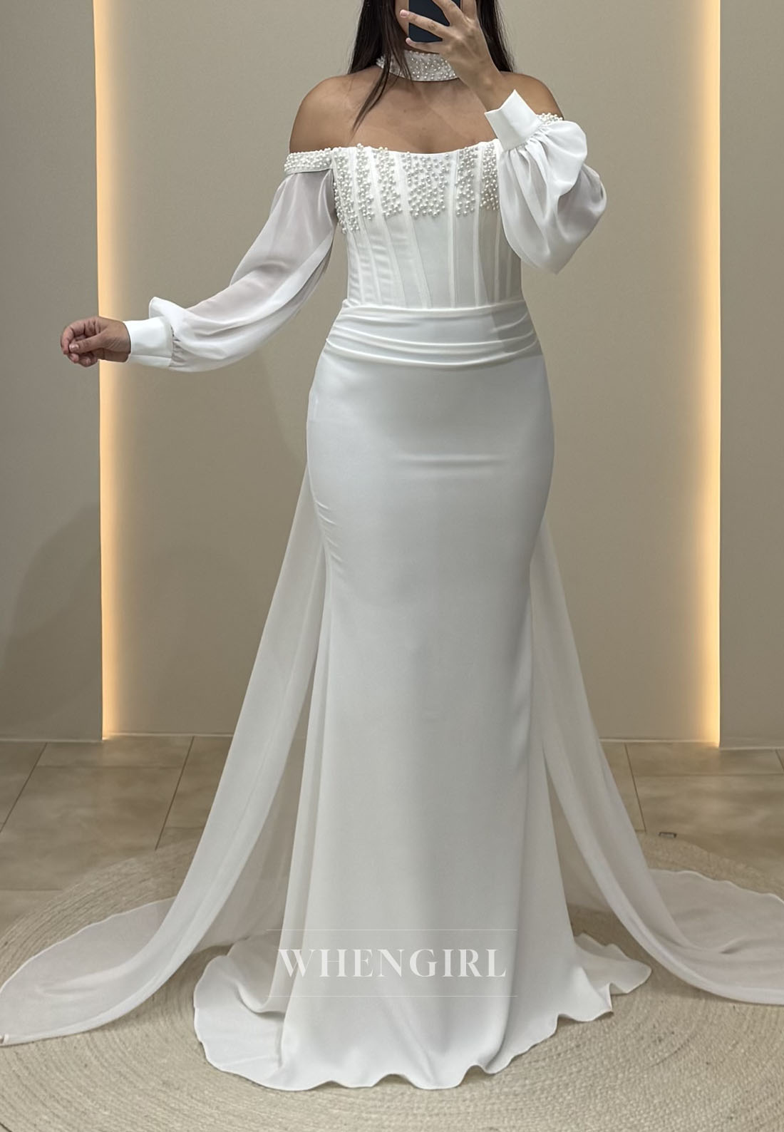 Ivory Mermaid Long Sleeves Off Shoulder Pleated Sweep Train Evening Formal Dress