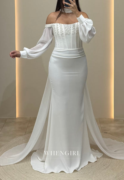 Ivory Mermaid Long Sleeves Off Shoulder Pleated Sweep Train Evening Formal Dress