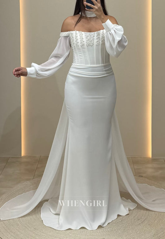 Ivory Mermaid Long Sleeves Off Shoulder Pleated Sweep Train Evening Formal Dress