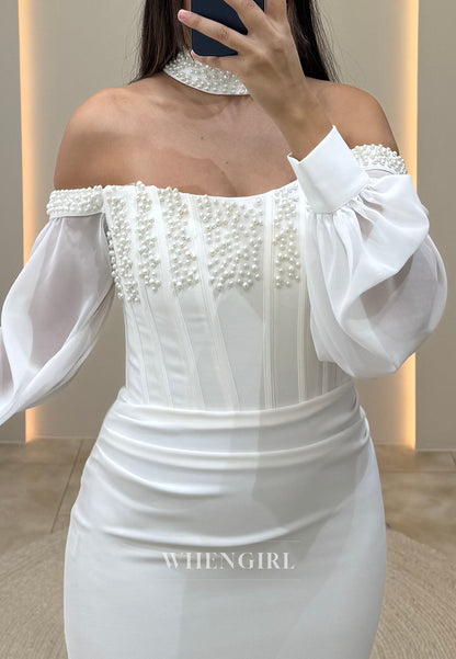 Ivory Mermaid Long Sleeves Off Shoulder Pleated Sweep Train Evening Formal Dress