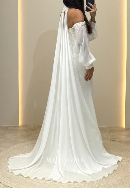 Ivory Mermaid Long Sleeves Off Shoulder Pleated Sweep Train Evening Formal Dress