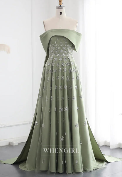 Off Shoulder Beaded Pleated Back Zipper A-Line Formal Evening Gown with Train
