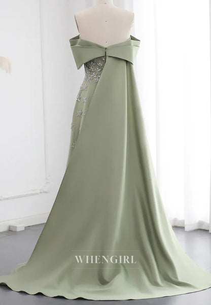 Off Shoulder Beaded Pleated Back Zipper A-Line Formal Evening Gown with Train