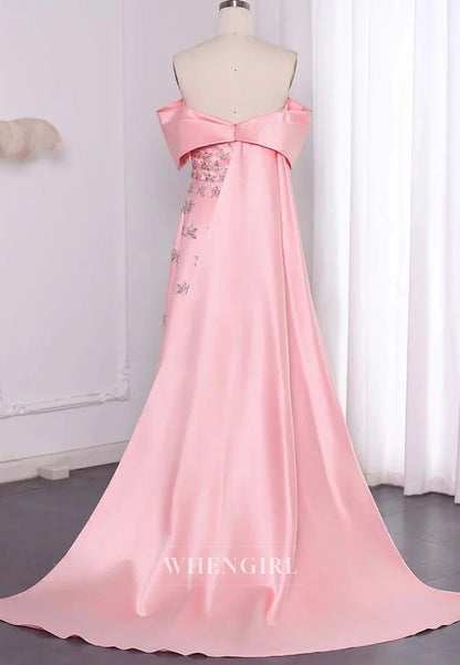 Off Shoulder Beaded Pleated Back Zipper A-Line Formal Evening Gown with Train