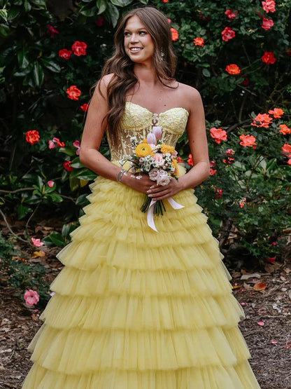 Yellow Tiered Lace Prom Dress Sweeheart A Line Tulle Formal Gown
